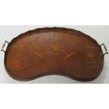 Mahogany serving tray, kidney-shape with brass handles, inlaid with lute, lyre and foliage, 60cm x