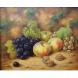 Still life with black grapes, apples and walnuts, oil on canvas, signed J F Smith lower right, (24cm