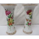 Pair of Dresden cylindrical porcelain vases tapered to the waist, white with floral decoration and