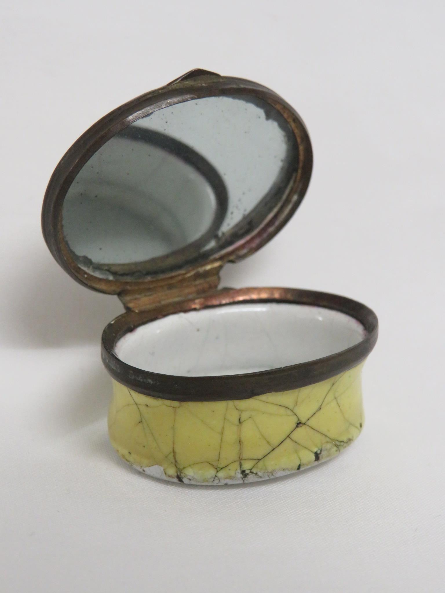 Victorian enamelled patch box, oval, yellow and white with blue and pink border to the hinged lid - Image 2 of 4