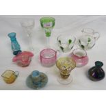 Two stemmed wine glasses (one overlaid green cut glass) and ten smaller examples including Mary