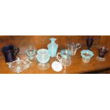 Ten items of threaded blue glassware including two purple wine glasses