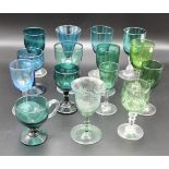 Fourteen assorted blue and green wine glass Victorian and Edwardian stemmed port glasses, together