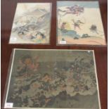 Three Japanese colour prints - (1) Samurai warriors and archers (37.5cm x 28.5cm); (2) battle
