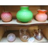 Satin quilted air trap green overlaid vase and two lattice work decorated pink vases, an