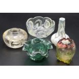 Opalescent bowl, etched glass vase, and three items of coloured glass