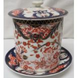 Royal Crown Derby Imari lidded container and saucer, overall height 14cm, red factory mark and