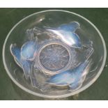 Art Deco opalescent glass bowl moulded with nesting birds, signed EZAN FRANCE, c 1930, diameter