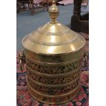 Large brass cylindrical coal bin with original liner, the body with three borders of pierced