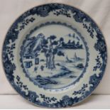Chinese blue and white porcelain plate, painted in underglaze blue with landscape scene with boats