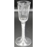 Georgian ale glass, the bowl etched with hop and barley, opaque twist stem with inner helix and