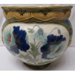 Burmantofts Faience jardiniere decorated with blue poppies on a white ground with olive green