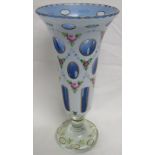 Bohemian glass trumpet vase, pale blue overlaid in white, painted with pink roses and purple flowers