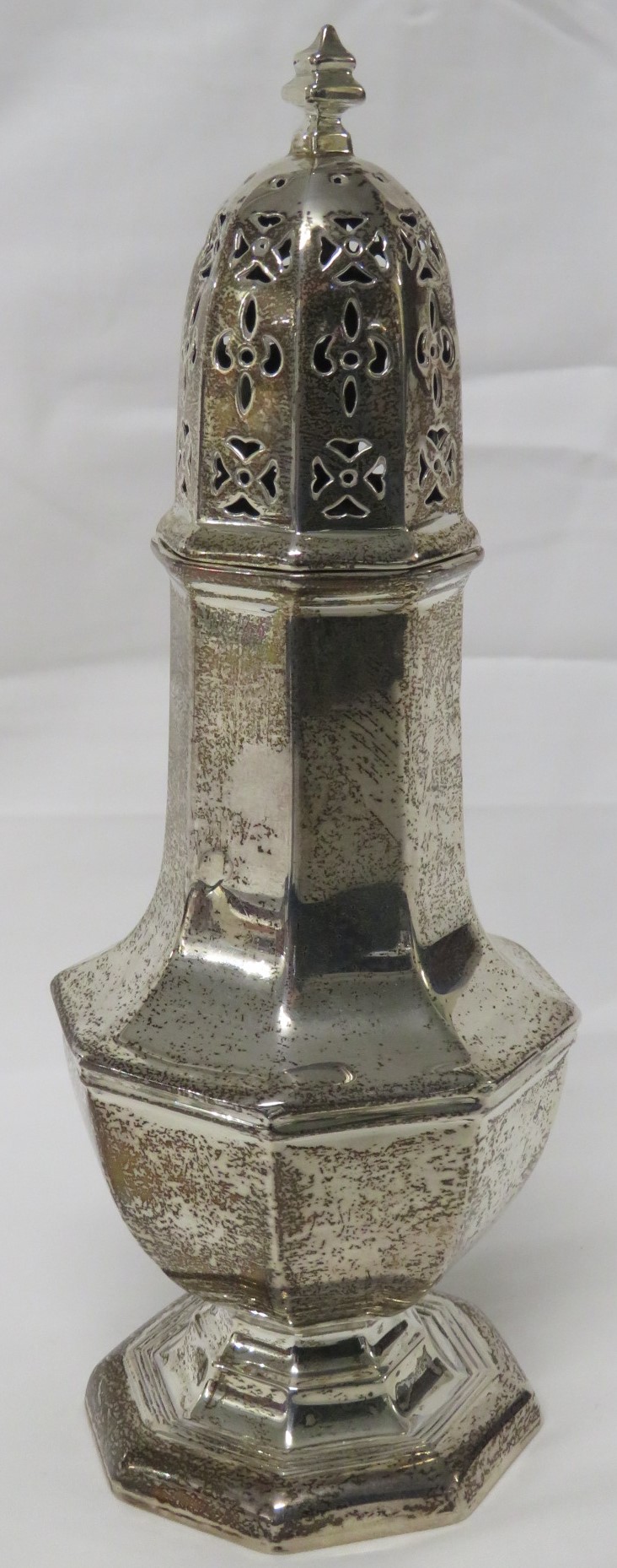 Adie Brothers Ltd silver sugar caster, octagonal baluster form on octagonal foot, dome top with