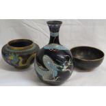 Three items of Chinese cloisonne and enamel - a bottle vase, pot and bowl. (1) Bottle vase, dark