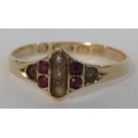 15 carat gold dress ring set with very small rubies and seed pearls, British hallmarks, 1.2g, size