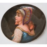 Studio pottery charger, hand painted with head and shoulders portrait of girl in blue dress, lace