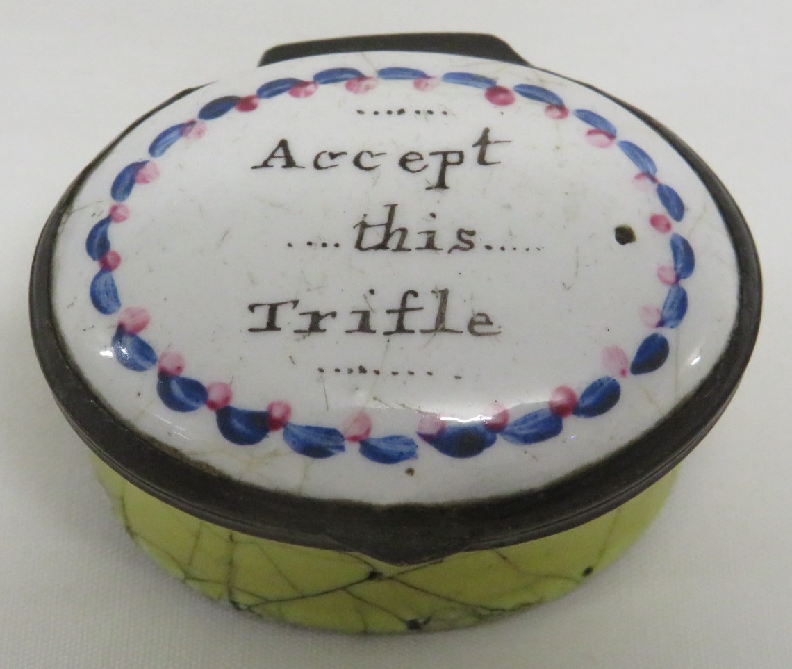 Victorian enamelled patch box, oval, yellow and white with blue and pink border to the hinged lid