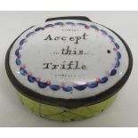 Victorian enamelled patch box, oval, yellow and white with blue and pink border to the hinged lid