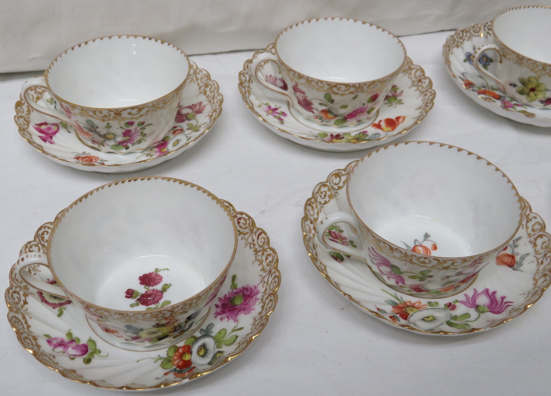 Set of eight very fine Dresden eggshell porcelain cups and saucers hand painted with flowers, the - Image 2 of 5