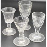 Four various 19th century wine glasses - (1) tapering bowl with thumb cuts and thick stem, height