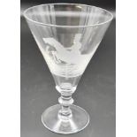 A large 19th century hunting theme goblet, the deep conical bowl etched with a scene of mounted