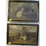 Pair of oil on canvases depicting two terrier dogs in landscape with stoneware bottle, unsigned, (