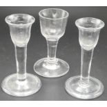 A near pair of 19th century cordial glasses with straight stems and bell bowls, height 11.7cm, and