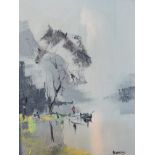 Lake, jetty and tree, oil on board, (39cm x 29cm), signed DEAKINS lower right, in a white stained