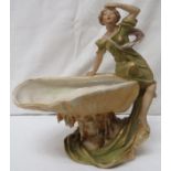 Royal Dux figural shell dish modelled with a woman in green robe, height 19.5cm, applied pink