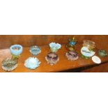 Eleven Victorian blue and turquoise glass miniature bowls, some with applied ribbon decoration