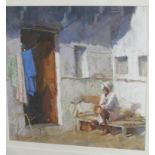 PASTEL OF MAN OUTSIDE MIDDLE EASTERN HOUSE, SIGNED IN PENCIL JUNE ARNOLD LOWER RIGHT, FRAMED AND