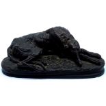 Cast bronze model of a recumbent greyhound on a naturalistically moulded rectangular base, signed M.