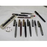ABOUT TEN PENS, FOUNTAIN PENS AND PROPELLING PENCILS, AND A VICTORIAN SILVER BROOCH