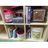 OAK VENEERED CASE MANTLE CLOCK SMALL SELECTION OF BOOKS AND OTHER HOMEWARE (ONE SHELF)