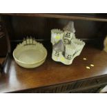 POTTERY CANDLE HOLDER MODELLED AS A CASTLE AND A BOWL