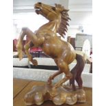 LARGE CARVED WOODEN FIGURE OF REARING HORSE, HEIGHT 108CM