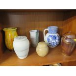 SUNFLOWER JUG, VASE IN YELLOW STRIATED GLAZE, RIBBED VASE, AND THREE CERAMIC JARS (ONE SHELF)