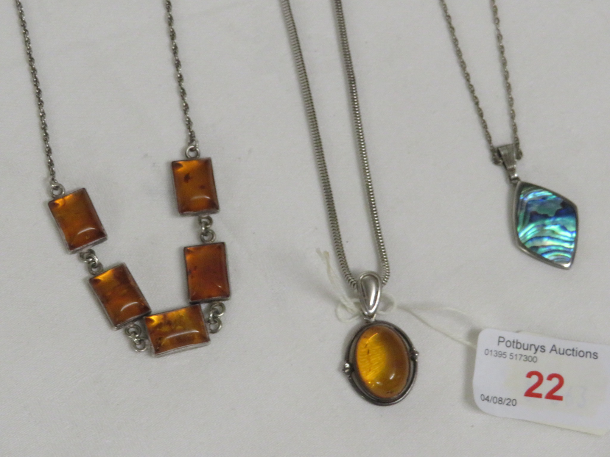 925 ROPE NECKLACE WITH AMBER TYPE PENDANT; 925 NECLACE WITH FIVE RECTANGULAR AMBER TYPE BEADS; AND - Image 2 of 3