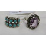 WHITE METAL RING SET WITH TURQUOISE AND STAMPED STERLING, AND A WHITE METAL AMETHYST AND MARCASITE