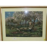 FRAMED AND GLAZED WATERCOLOUR OF GIRL WITH LAMBS AMONGST ORCHARD, SIGNED CLEM LAMBERT LOWER RIGHT