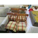 HONEY PINE DROP LEAF TABLE WITH FOUR HONEY PINE KITCHEN CHAIRS AND TIE ON CUSHIONS *