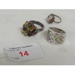 925 WHITE METAL RING SET WITH COLOURED FAUX STONES; DRESS RING SET WITH CAMEO PORTRAIT; DRESS RING