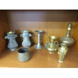 PAIR OF BRONZED REPRODUCTION CHINESE VESSELS, ENGRAVED BRASS BOWL, THREE BRASS VASES, AND A PEWTER