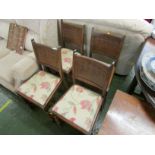 FOUR OAK FRAMED DINING CHAIRS WITH DROP IN SEATS AND PORTCULLIS BACKS