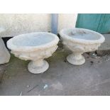 PAIR OF COMPOSITE STONE LARGE CIRCULAR PLANTERS DECORATED WITH ACANTHUS LEAVES