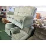 PALE GREEN UPHOLSTERED THREE PIECE SUITE AND FOOT STOOL