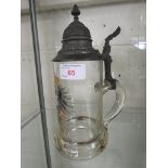 GERMANIC STYLE GLASS BEER STEIN WITH ENAMELLED DECORATION AND HINGED LID
