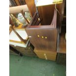 WOOD EFFECT BEDSIDE CHEST, NEST OF THREE TABLES, OAK STOOL FRAME AND A PLASTIC STEP