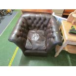 DARK BROWN LEATHER BUTTON BACK ARMCHAIR A/F